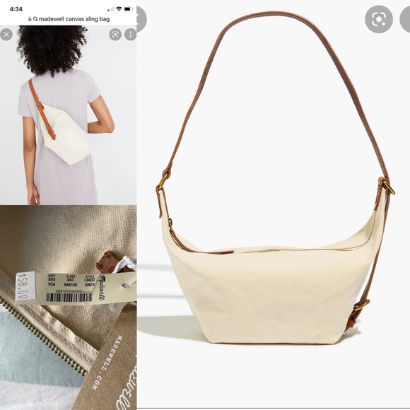 Madewell Handbags - Madewell canvas sling bag in natural with tan leather adjustable strap.